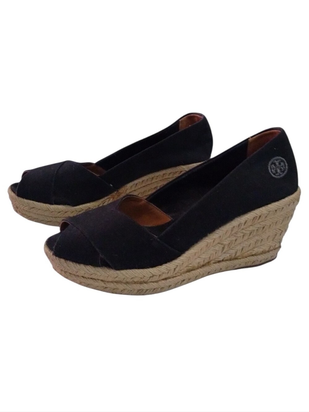 Tory Burch Filipa Black Canvas Peep-toe Espadrille Wedge Shoes Women's 9